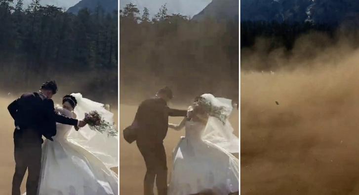 Sokkoló pillanat, homokvihar csapott le az ifjú párra az esküvői fotózáson