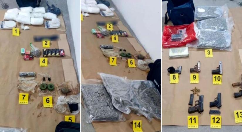 A garázsban 17 kiló drogot, kézigránátokat, pisztolyokat és hangtompítót találtak a rendőrök