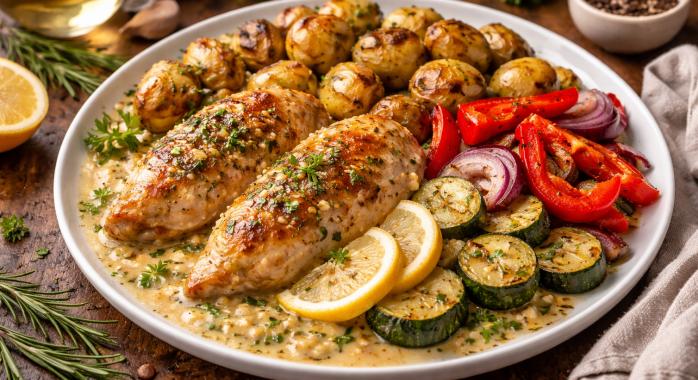 Krémes citromos csirke rozmaringos újburgonyával és grillezett zöldségekkel