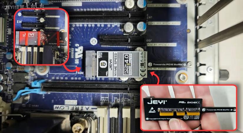Ezzel az átalakítóval a videokártya hűtője által eltakart PCIe slotokba is kerülhet M.2-es SSD kártya