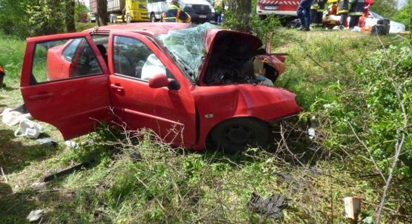 Helyszíni fotókkal! Halálos baleset a 4-es főúton, fának csapódott egy autó!