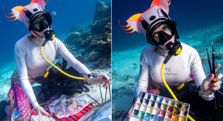 Búvárfelszerelésben, a víz alatt készíti alkotásait egy különleges festőnő