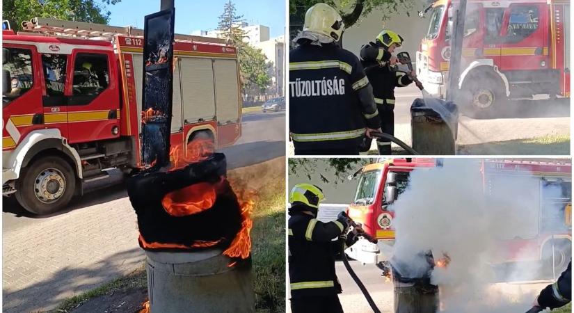 Kigyulladt egy kuka Debrecenben, a lángok a buszmegállóra is átterjedtek - videóval