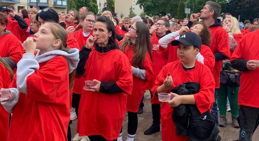 Új magyar rekordot állítottak fel a lajosmizseiek, több százan egyszerre haraptak szamócába  fotók, videó