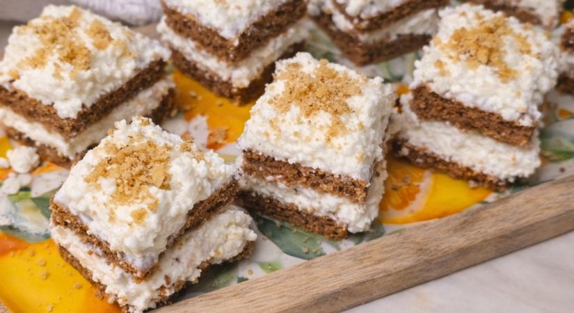 Krémes túrós-diós szelet recept: puha piskótán gazdag töltelék