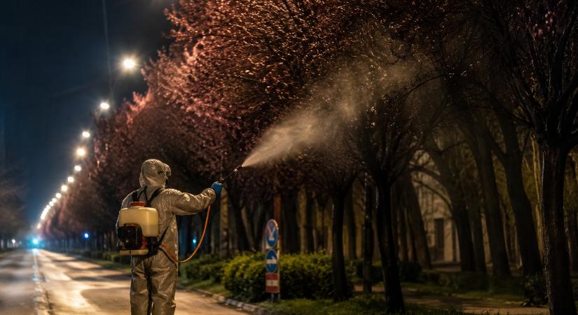 Permetezik a vérszilvafákat Dorogon, éjszaka végzik a munkát