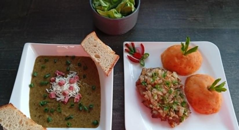 Tavaszi újhagyma-krémleves, mustáros tarja, burgonyapüré és sós perec