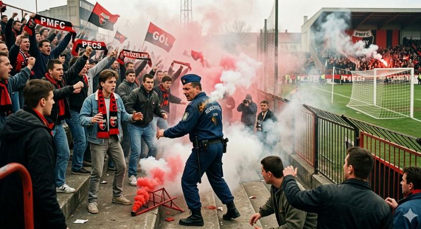 Füstbomba talált el egy rendőrt a PMFC meccsén