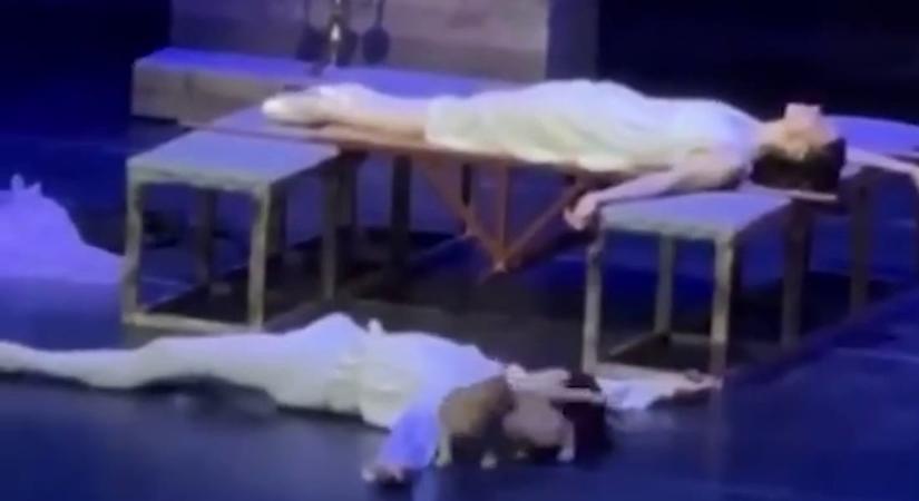 Videón, ahogy egy váratlanul színpadra lépő macska feledhetetlenné tette a Rómeó és Júlia legfontosabb jelenetét