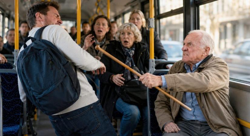 A járóbotjával torolta meg egy bácsi, hogy a buszon hozzáért egy utas táskája
