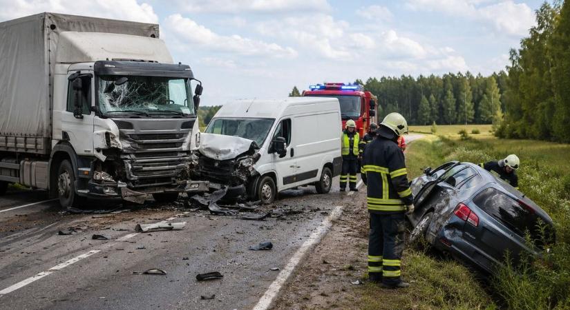Feszítővágóval kellett kiszabadítani egy embert a hármas karambol után – teljes útzár a 65-ös főúton