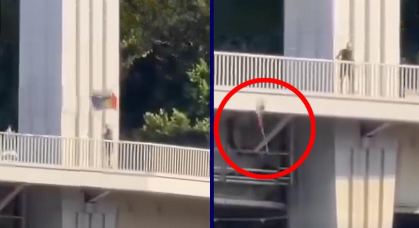 Dunába dobta a szivárványos zászlókat egy ismeretlen az Erzsébet hídról, a megafonosok ünneplik a rongálót – videó a cikkben