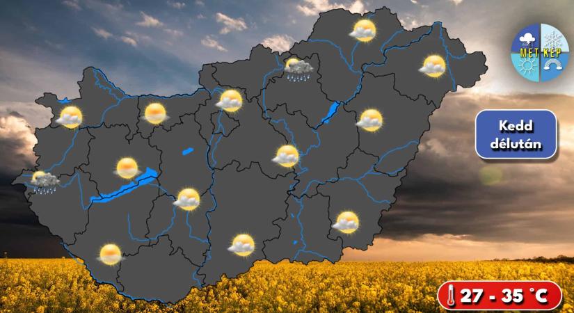 Kedden még elvétve lehet futó záporeső, esetleg zivatar
