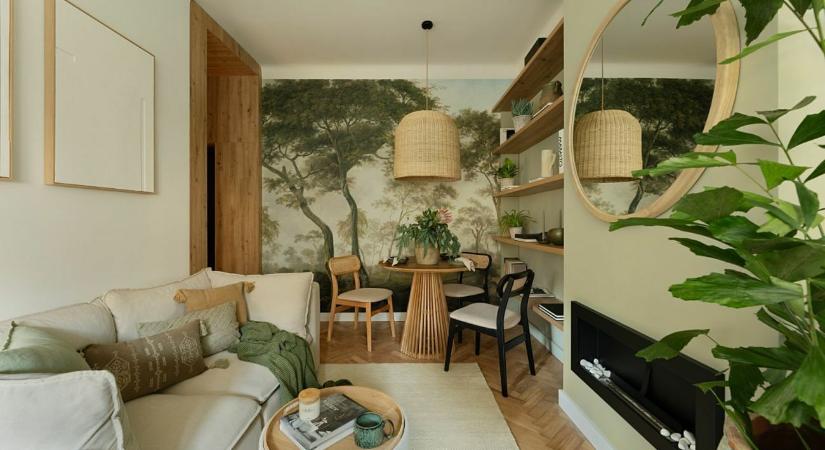 Olivazöld árnyalatok és stílusos tapéta egy 53 m²‑es felújított varsói lakásban