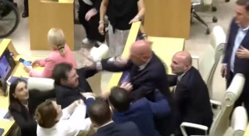 Videó: Tömegverekedés tört ki a grúz parlamentben