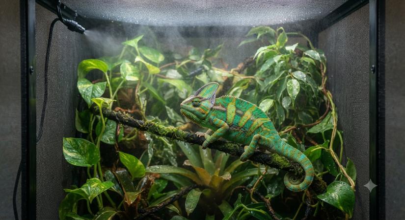 A sisakos kaméleon (Chamaeleo calyptratus) a nyári hőségben: Párásítási és életmentő protokoll klíma nélküli panellakásokhoz