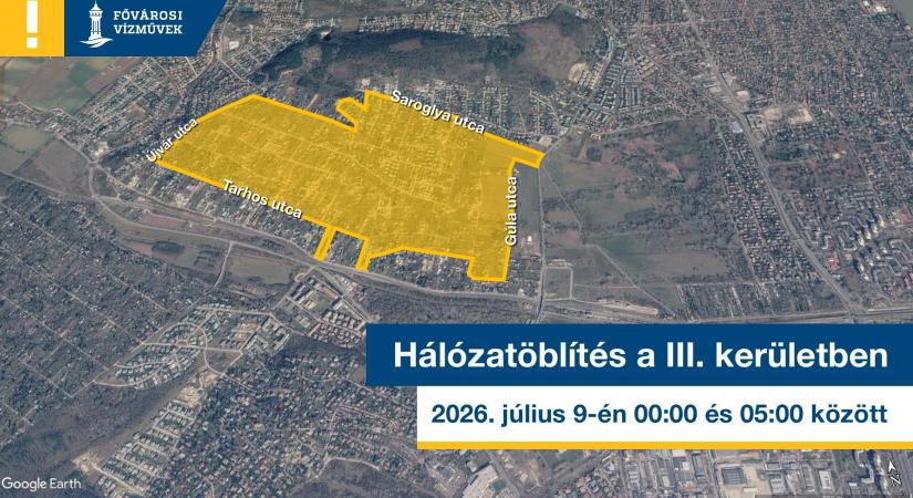 Hálózatöblést végez a Vízművek a harmadik kerületben csütörtök éjszaka, több utcában lehet vízhiány ezalatt