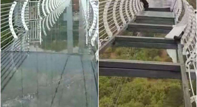 Viharos szélben megrongálódott üvegfenekű függőhídon rekedt egy turista Kínában