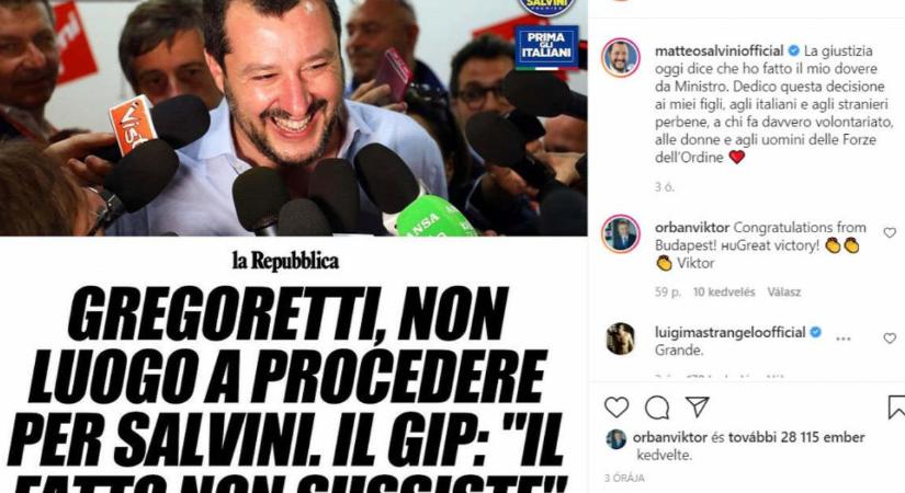 Orbán Viktor gratulált Matteo Salvininek a bírósági győzelemhez