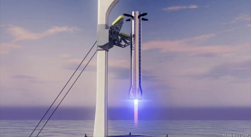 Videón, amint a SpaceX óriási robotkarja elcsípi leszállás közben a Starship űrhajót