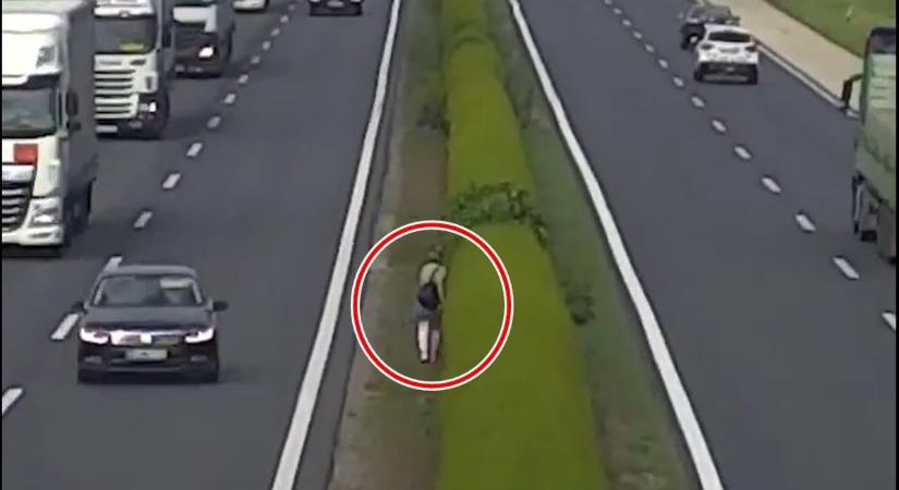 Az elválasztósávnál sétált egy nő az M1-esen, Győrbe szeretett volna eljutni - videó