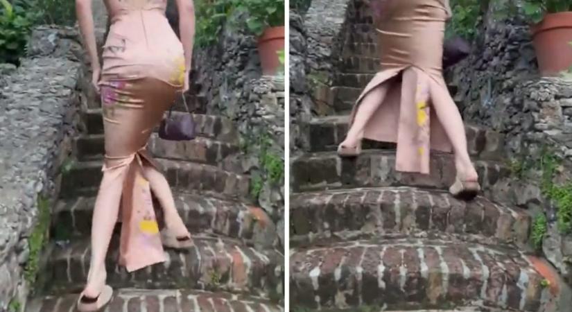 Nézni is rossz, ahogyan Kendall Jenner próbál lépcsőt mászni ebben a ruhában