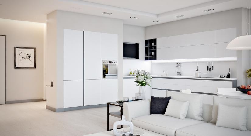 Világos lakás modern lakberendezéssel sok fehérrel és különálló dolgozószobával