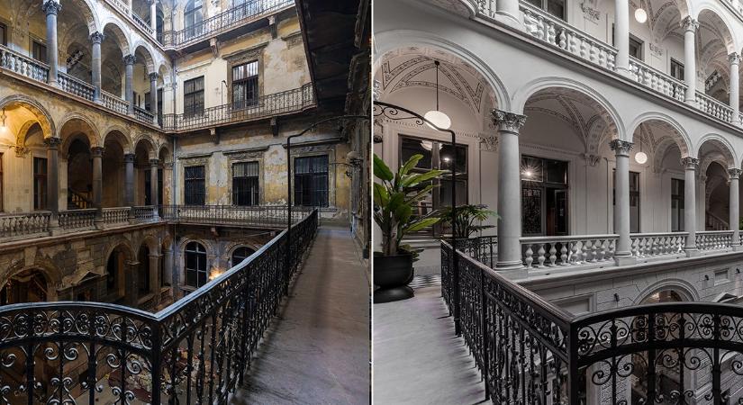 Látványos képpárok a romos és a felújított Hotel Oktogonról