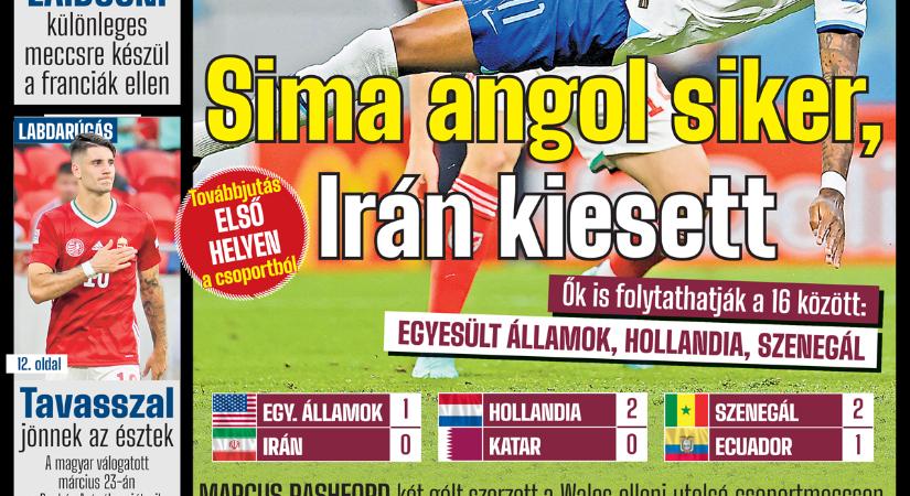 A katari futball-vb nyolcaddöntőjében: Anglia–Szenegál, Hollandia–Egyesült Államok; az észtek ellen játszik a magyar labdarúgó-válogatott