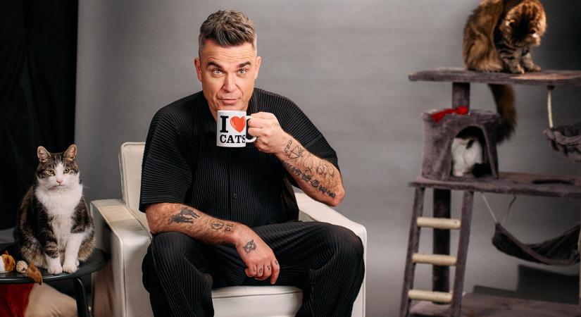 Két legenda egy színpadon: Robbie Williams a Purina videójában egy fekete-fehér cicával énekel
