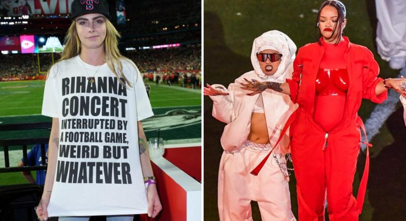 „Rihanna koncertjét megszakította egy focimeccs, fura“ – olvasható Cara Delevingne pólóján, amiben kiment a Super Bowlra