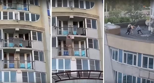 Videón a pucér orosz Tarzan, amint erkélyeken ugrál