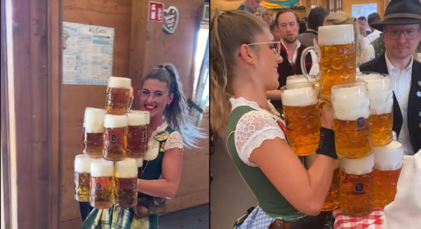 Ennyi korsó sört nem is lehet megemelni, mint amennyit ez a nő visz az asztalokhoz az Oktoberfesten