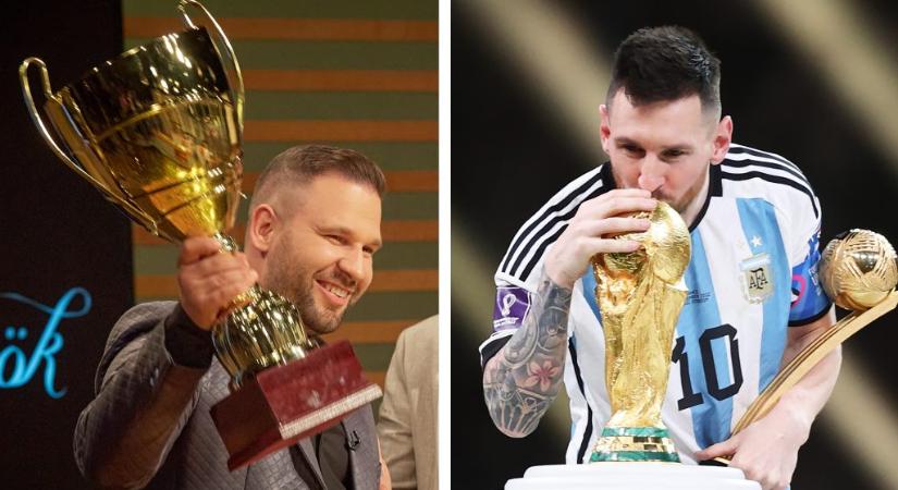 Rácz Jenő újraalkotta Messi vb-trófeával alvós képét, csak épp A Konyhafőnök-serleggel
