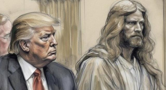 Trump megosztott egy rajzot, amelyen egyenesen Jézussal ül a vádlottak padján