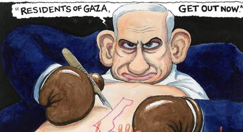 Gáza határvonalát szikével magára vágó Netanjahu volt a karikatúráján, kirúgta a Guardian
