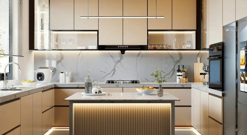 Inspiráló modern konyhabútor rejtett led fényekkel és okoshűtővel