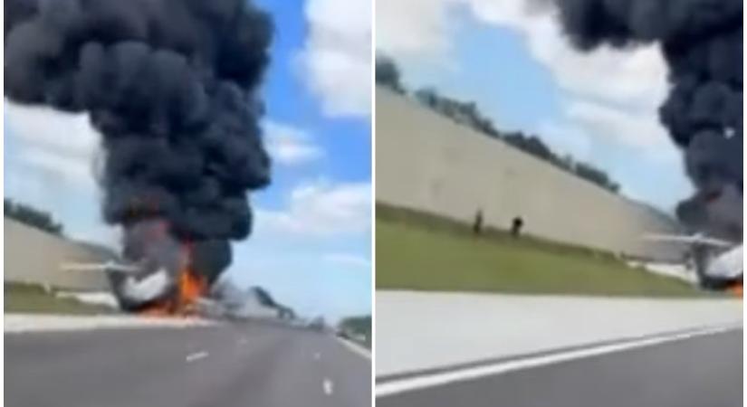 Drámai videó: túlélők menekülnek az autópályán landoló, lángoló kisrepülőből