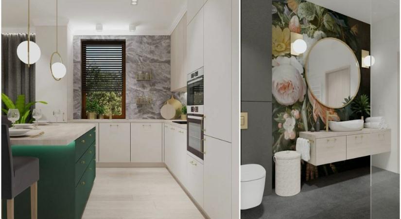 Kétszintes családi ház modern terekkel, zöld konyhaszigettel és nagy fürdőszobával