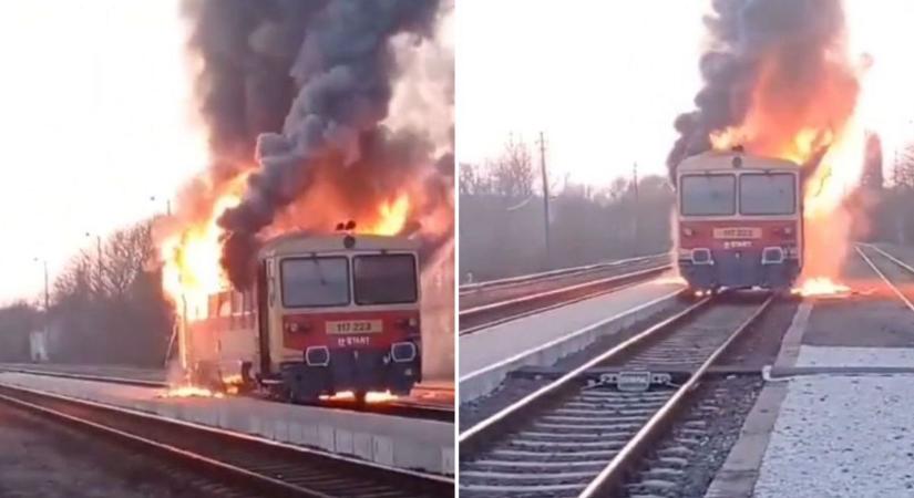 Hatalmas lángokkal égett egy motorvonat Vámospércsen  videó