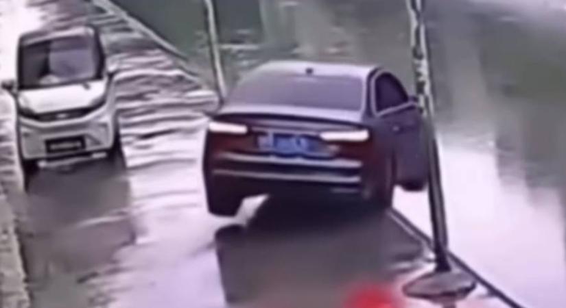 Videó: Megrémült a kisautótól, vízbe ugratott az Audival