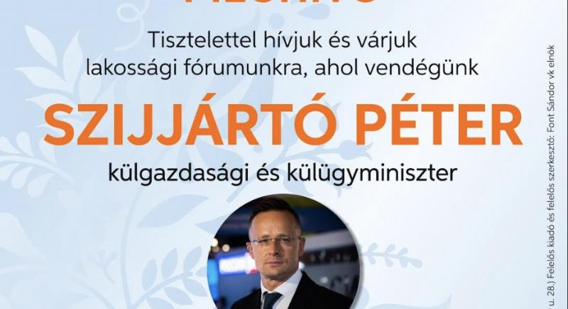 Szijjártó Péter Kalocsán csütörtökön lakossági fórumot tart