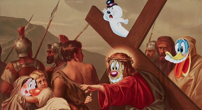 Annyi fenyegetést kapott a galéria, hogy inkább eltávolították a rajzfilmkarakterekkel tarkított Jézus-festményt