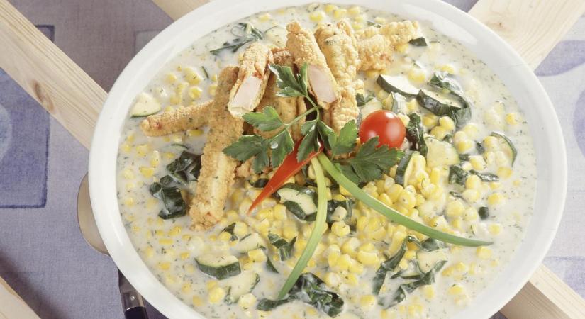 Kukoricás-cukkinis főzelék sült sonkacsíkokkal recept