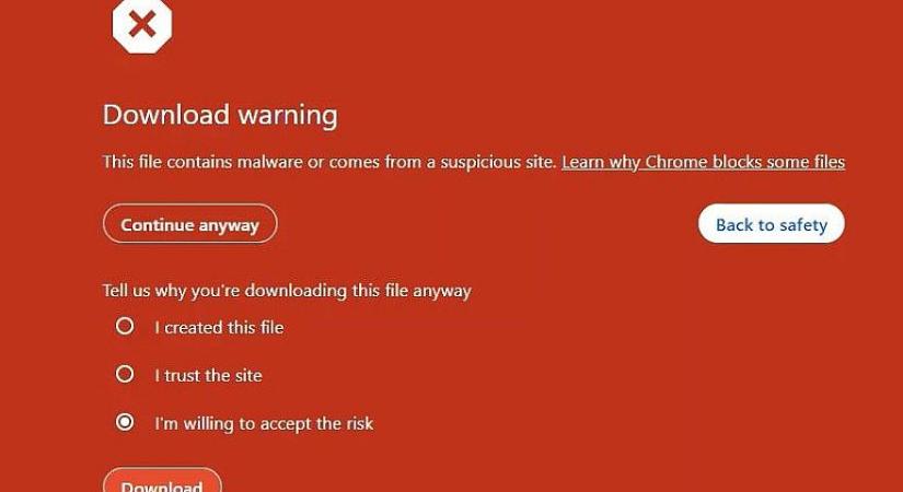 Brutális méretű piros ablakkal fog figyelmeztetni a veszélyes letöltésekre a Chrome
