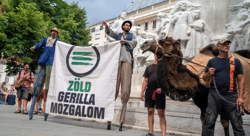 Két tevével és egy zsiráffal vonultak az Agrárminisztérium elé csütörtökön a zöld gerillák