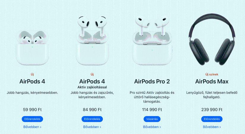 Az Apple bemutatta a 2024-es AirPods-okat: aktív zajkioltás szilikon fülharang nélkül, hallásegészség a fókuszban, USB-C mindenhol és színek