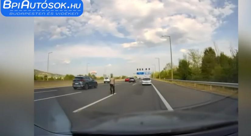 Nézni is rossz: száguldó kocsik között sétált az M1-M7 bevezetőn - videón az öngyilkosjelölt