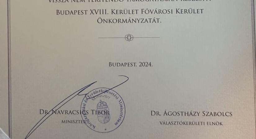 A XVIII. kerületnek nyújtott támogatáson is rajta van a Fidesz választókerületi elnökének neve