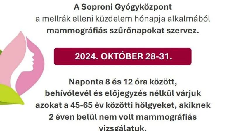 Mammográfiás szűrőnapokat szervez a Soproni Gyógyközpont október végén